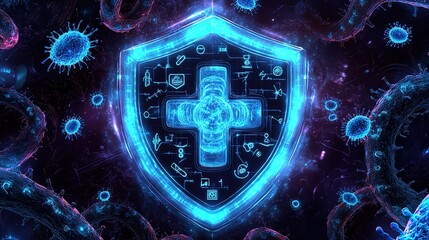 Digital Medical Shield with Cross and Health - related Icons Surrounded by Viruses