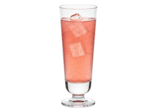 Isolated drink with ice in clear glass, pink beverage with bubbles and condensation visible