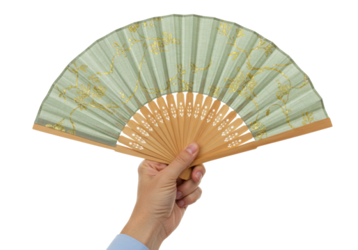 Isolated Hand Holding Traditional Green and Gold Japanese Fan for Fashion or Art