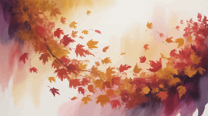Watercolor painting of autumn leaves falling from branches in shades of red orange and yellow hues