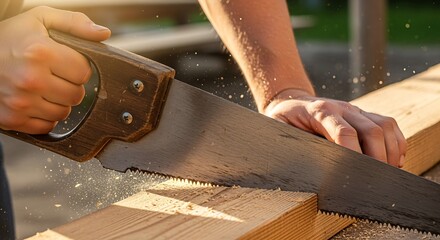 Hand cutting through wooden plank with traditional hand saw, illustrating manual woodworking and craftsmanship in