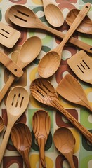 Wooden Kitchen Utensils - Spoons and Spatulas on Retro Background.