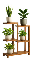 Wooden floor shelf stand ideal for showcasing potted plants in a bright apartment corner.