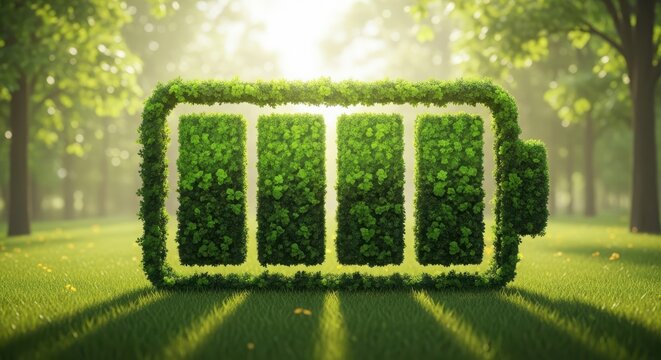 A battery icon made of green grass and leaves, symbolizing renewable energy and environmental sustainability in nature