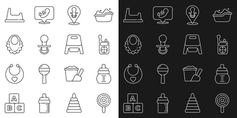 Set line Lollipop, Baby bottle, Monitor Walkie Talkie, dummy pacifier, bib, potty and icon. Vector