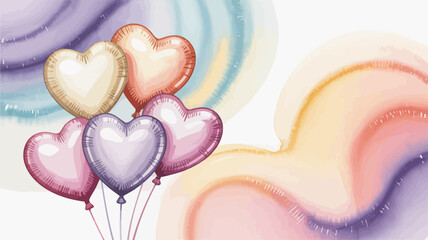 Watercolor painting of heart shaped balloons with a pastel watercolor background design element