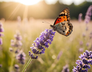 Sunny summer nature background with fly butterfly and lavender flowers with sunlight and bokeh. Outdoor nature banner, butterfly on a flower