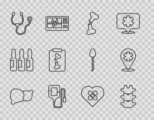 Set line Human organ liver, spine, broken bone, IV bag, Stethoscope, X-ray shots, Healed heart and Location with cross hospital icon. Vector