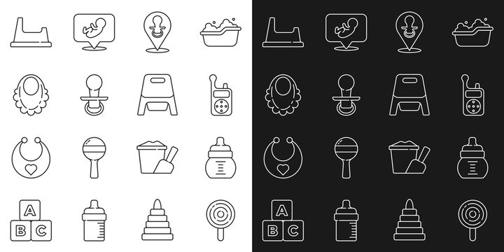 Set line Lollipop, Baby bottle, Monitor Walkie Talkie, dummy pacifier, bib, potty and icon. Vector