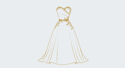 Elegant wedding dress illustration with gold accents, featuring a strapless design and flowing skirt on a white background.