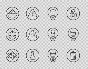Fototapeta premium Set line Dollar symbol, Trash can, Test tube and flask, Carton cardboard box, Weight, Temperature wash and Delicate icon. Vector