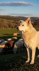 Obraz premium Dog guarding sheep in a field at sunset.
