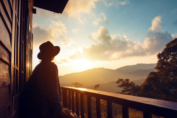 Serene Sunrise View from a Wooden Cabin with a Person in a Hat Gazing at the Mountains