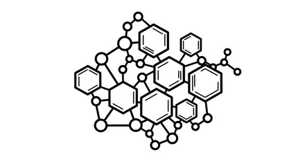 Abstract illustration of interconnected hexagons and circles, forming a complex molecular or network structure on a white background.