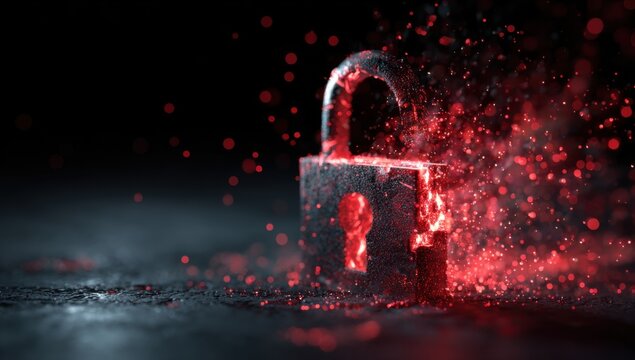 Digital rendering of an open padlock, disintegrating with red particles against a dark background