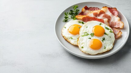 Sunny Side Up Eggs with Crispy Bacon and Parsley on White Plate - Delicious Breakfast or Brunch with Copy Space