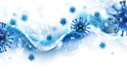 3D Rendered Blue Viruses on Blurred Blue - White Wave Background with Bokeh Effects