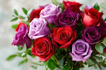 Elegant bouquet of pink, purple, and red roses with fresh petals and vibrant greenery, set against a blurred background that highlights the floral arrangement's romantic charm