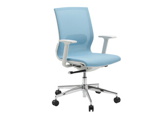 Fototapeta premium Ergonomic light blue office chair isolated on white, modern adjustable seating for work from home and corporate environments