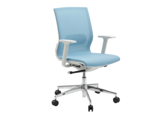 Ergonomic light blue office chair isolated on white, modern adjustable seating for work from home and corporate environments