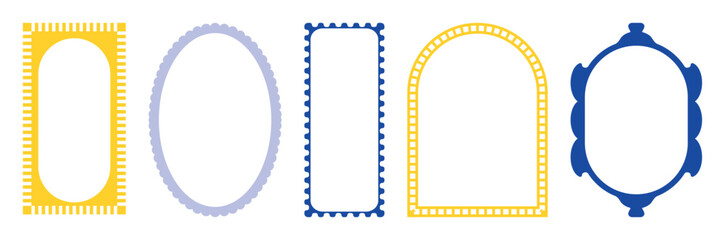 Colorful vintage stamp frame collection. Hand drawn retro borders for postcard, invitation, label, banner. Doodle squiggle rectangular oval round shapes. Coastal ornate outline design decoration set