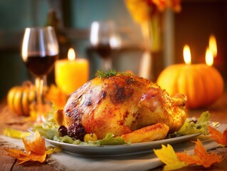 Festive Golden Roasted Turkey Centerpiece on a Fall Table with Autumn Decor and Candles