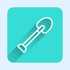White line Shovel icon isolated with long shadow background. Gardening tool. Tool for horticulture, agriculture, farming. Green square button. Vector