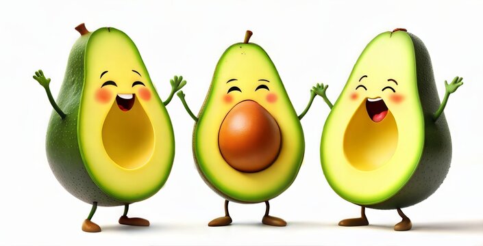 Three happy avocados dancing on a white background