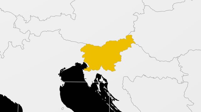 Slovenia map. Animated zoom into the country on the Globe in Black White color palette. Country logo animation. Map with meridians, parallels. Neat video.
