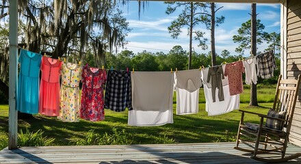 Laundry Day on the Porch - Clothes Drying in the Sun.