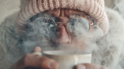 Man trying to drink hot beverage with foggy glasses