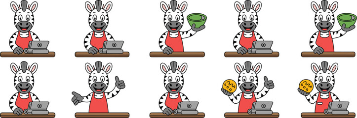 Friendly Zebra Mascot Working at Counter Serving Food & Drinks, Cartoon Character with Apron Interacting with Customers in a Shop, Restaurant or Cafe, Illustration for Business Marketing Advertising,