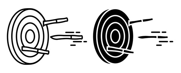 Linear icon, circus performer throwing knives fly towards a target. Simple black and white vector isolated on white background