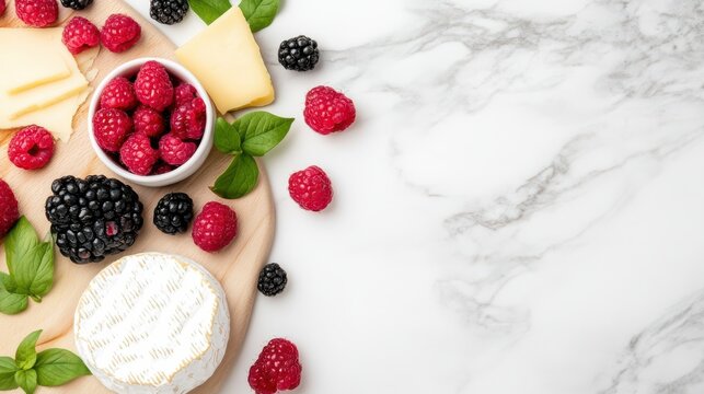 Cheese and Berries on Marble Background: Brie, Raspberries, Blackberries, Gourmet Food, Appetizer, Copy Space, Elegant Food Presentation