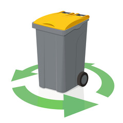 Yellow lidded recycling bin with a circular green recycling arrow symbol on a white background