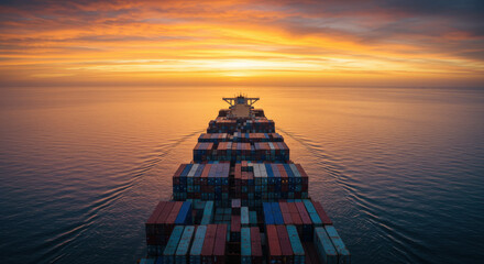 Massive cargo ship loaded with colorful containers crossing calm ocean, sunrise horizon, high dynamic range