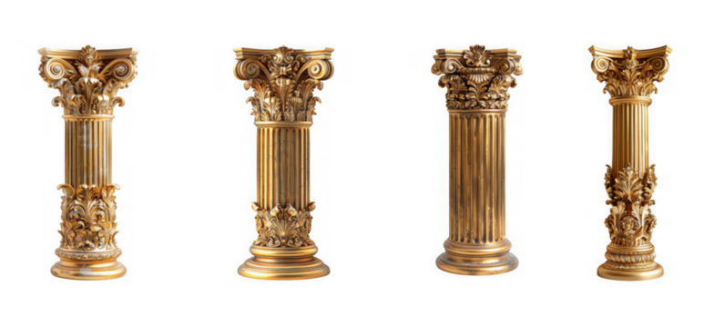A collection of four ornate, golden corinthian columns with intricate carvings, displayed sidebyside, isolated on a transparent background