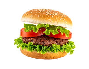 レタスとトマトが彩るボリューム満点のハンバーガー｜背景なし・透過PNG