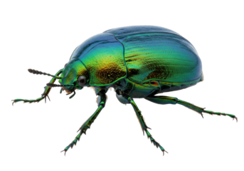 Iridescent green beetle isolated on transparent background, shiny insect with metallic shell for biology and nature studies PNG