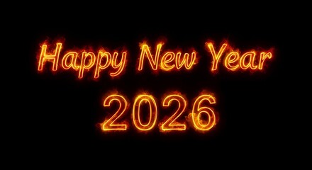 New Year 2026 greeting with fiery letters and numbers symbolizing the year of the fire horse isolated on a black background