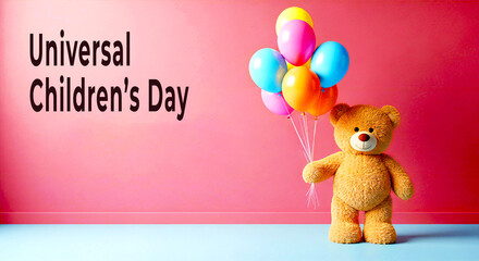 Teddy bear holding balloons against pink background for Universal Childrens Day stuffed animal colorful