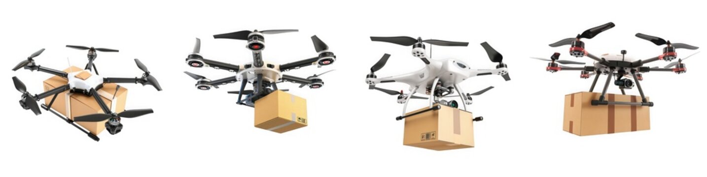 Four different drones carrying cardboard delivery packages, flying in formation, isolated on transparent background