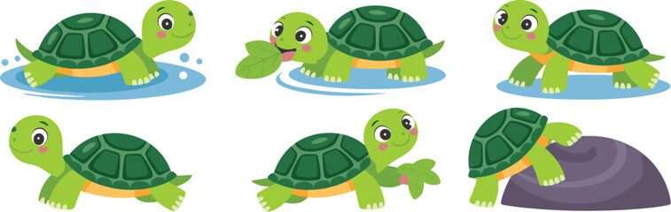 Adorable Turtle Cartoon Illustrations Set: Playful Reptiles in Water and on Land, Ideal for Children's Books & Educational Materials, Adding a Whimsical Touch to Nature-Themed Designs, Colorful Vector