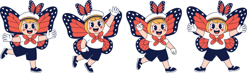 Cheerful Children Flying with Butterfly Wings in Playful Cartoon Illustration Style on Light Background, Ideal for Summer Events, Kids Education, Graphic Design Projects, Advertising, Animation, Masco