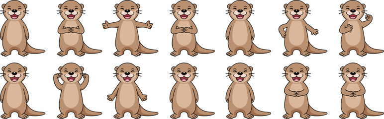 Adorable Cartoon Otters Posing with Cheerful Expressions on White Background Illustrating Playful Aquatic Mammals in Various Happy Poses for Children's Education Material, Animated Presentations, and