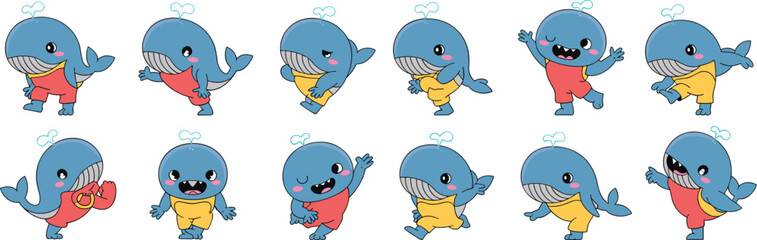 Cartoon Whales Set Dancing and Waving with Joyful Expressions, Adorable Aquatic Mammals in Playful Poses for Children's Illustration, Marine Animal Characters in Red and Yellow Outfits, Mascot Design
