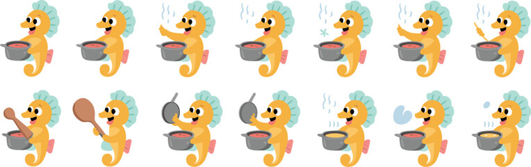 Cheerful Seahorse Chef Cooking Delicious Soup in a Kitchen Setting Illustration, Perfect for Children's Books, Educational Materials, Restaurant Menus, and Food-Related Branding with a Fun, Vibrant, a
