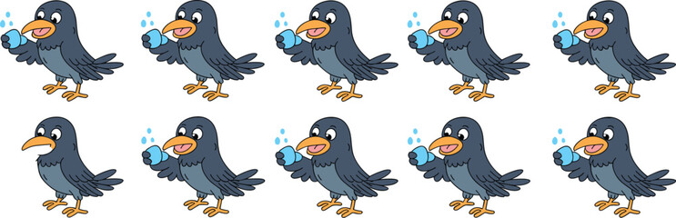 Cartoon Crows Solving Problems with Water Droplets: A Creative Educational Concept for Children's Books and Animated Stories, Illustrating Animal Intelligence, Problem-Solving, and Ingenuity in Wildli