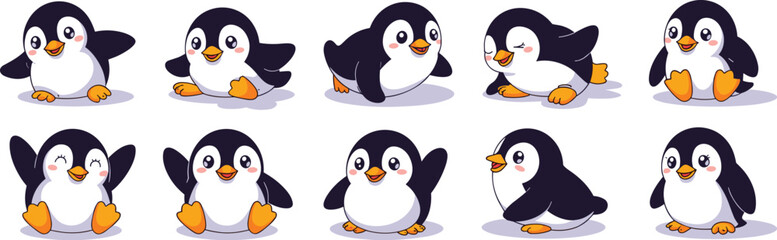 Cute Cartoon Penguins Set with Cheerful Expressions, Poses, and Gestures on White Background for Children's Illustration, Graphic Design,  Character Design,  Animation,  Educational Material,  Whimsic