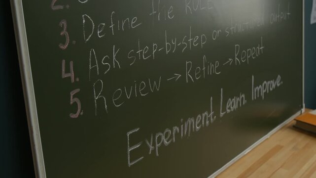 No people close-up of chalk blackboard with prompt creation algorithm for AI generation software, in classroom at middle school or college during programming lesson or course
